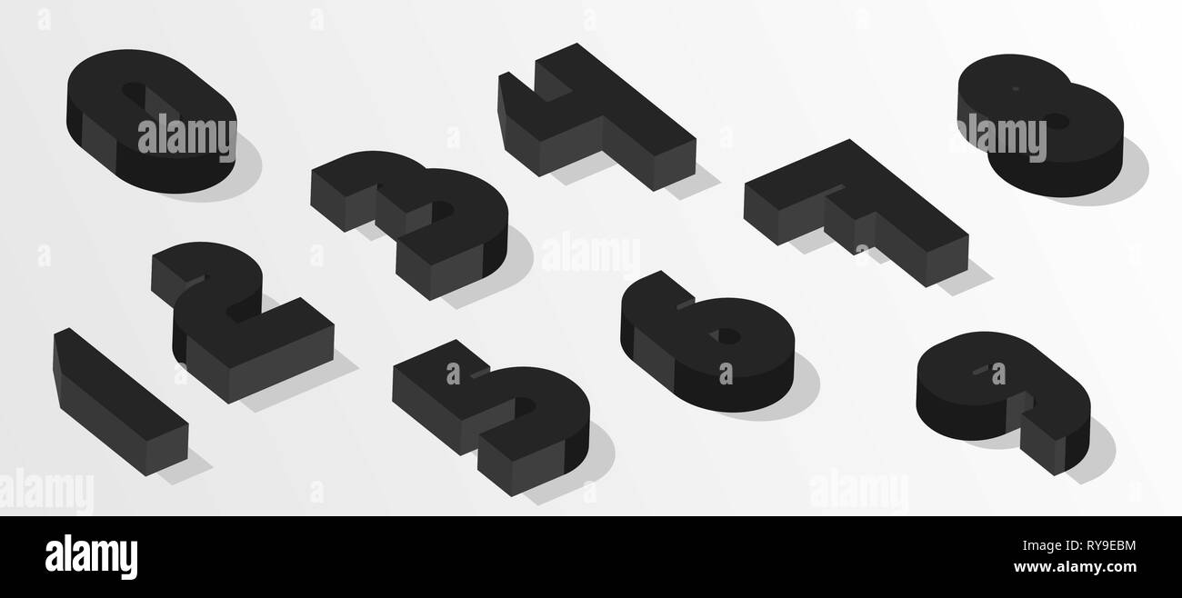 Nero numeri isometrica. 3d effetto numeri. I numeri del vettore per qualsiasi design tipografia. Illustrazione Vettoriale