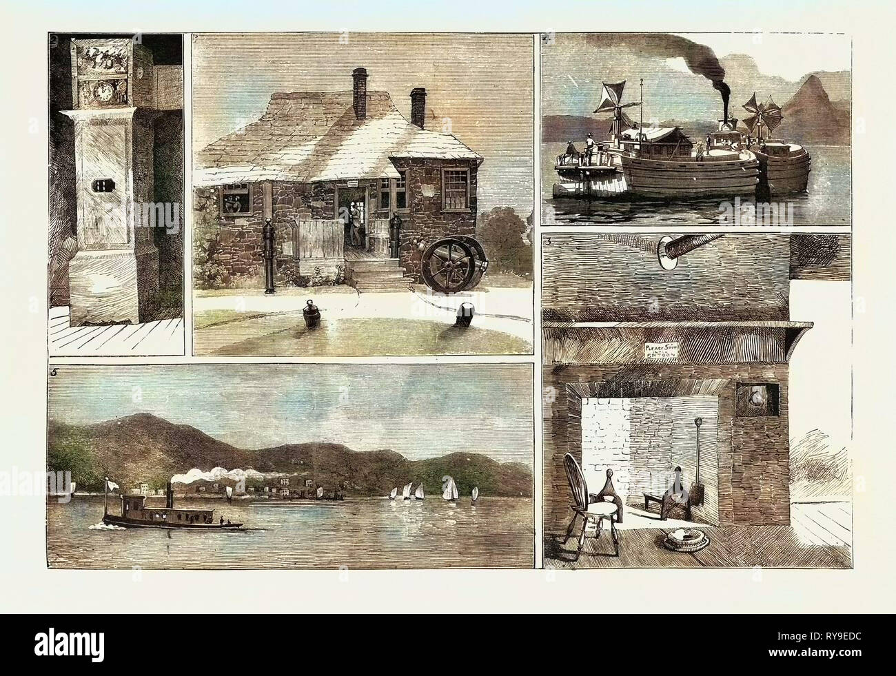 Il fiume Hudson, I. Washington presso la sede centrale a Newburg. 2. Washington's orologio. 3. Cucina a Washington presso la sede centrale. 4. Una matassa sul fiume. 5. Piermont, la scena della esecuzione di grandi Andre., incisione 1884, noi, Stati Uniti d'America, America, Stati Uniti Foto Stock