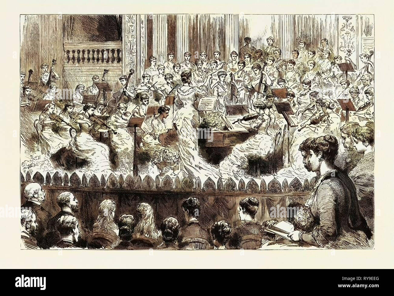 Concerto di Viscountess Folkestone's Ladies Orchestra presso il principe della Hall, Piccadilly, incisione 1884, Londra, Regno Unito, Gran Bretagna British, Europa, Regno Unito, Gran Bretagna, europeo Foto Stock