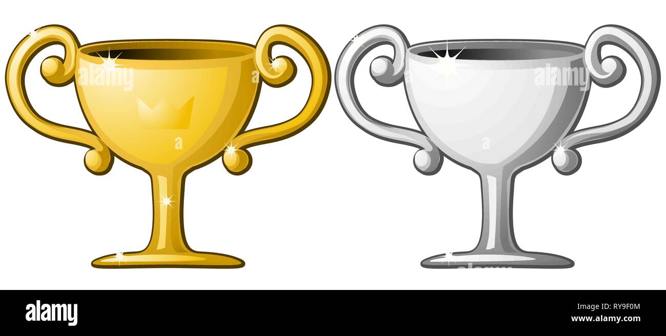 Premio Trofeo coppe d'argento e oro colore del fumetto illustrazione vettoriale elemento di design, orizzontale su bianco, isolato Illustrazione Vettoriale