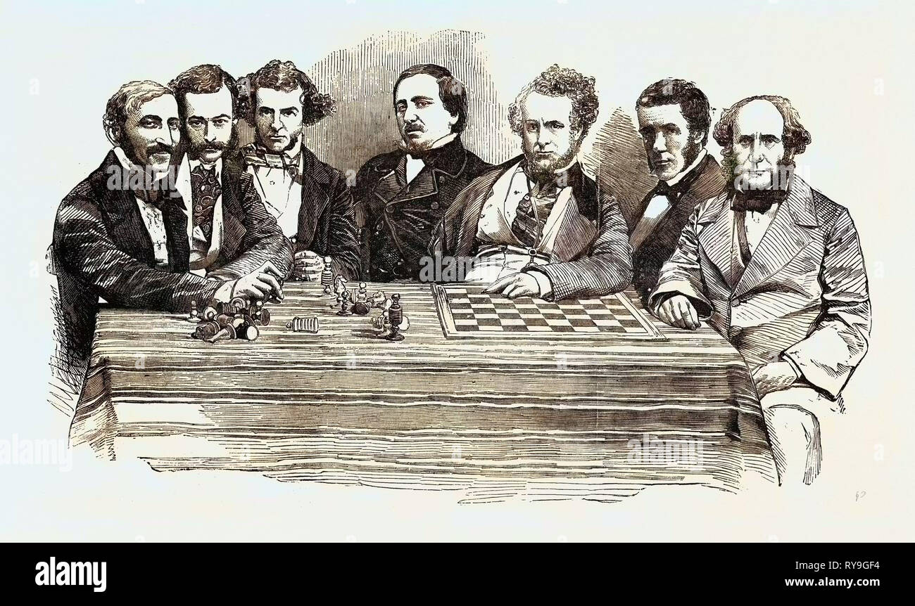 Scacchi celebrità a fine Incontro di scacchi, luglio 14, 1855, Herr Lowenthal, M. de Riviere, il sig. Wyvill, P.F., Herr Falkbeer, il sig. Staunton, Signore Lyttelton, Capitano Kennedy Foto Stock