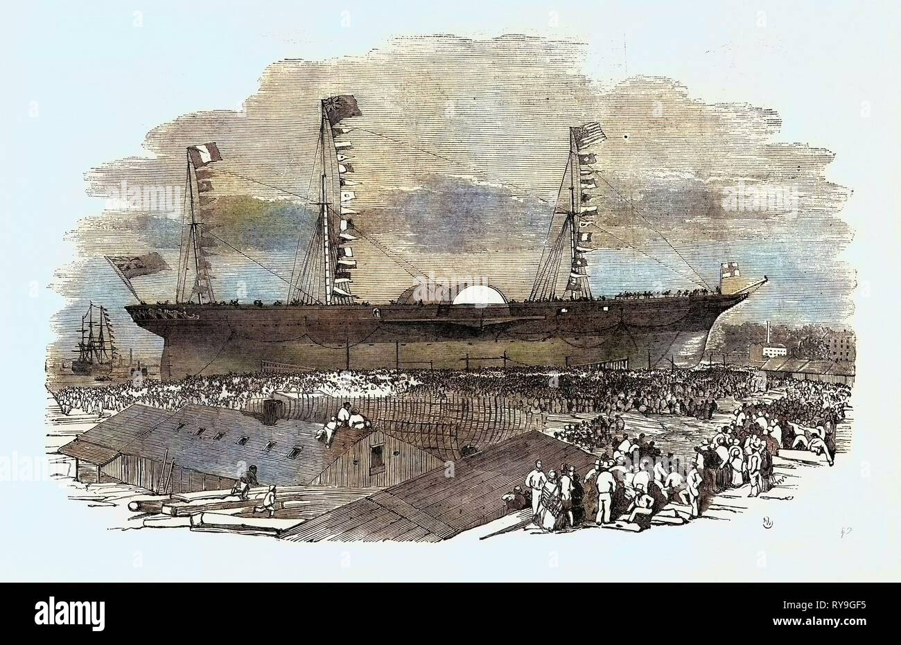 Lancio di "la Persia' ('il più grande sistema di cottura a vapore nel mondo"), a Glasgow, luglio 14, 1855 Foto Stock