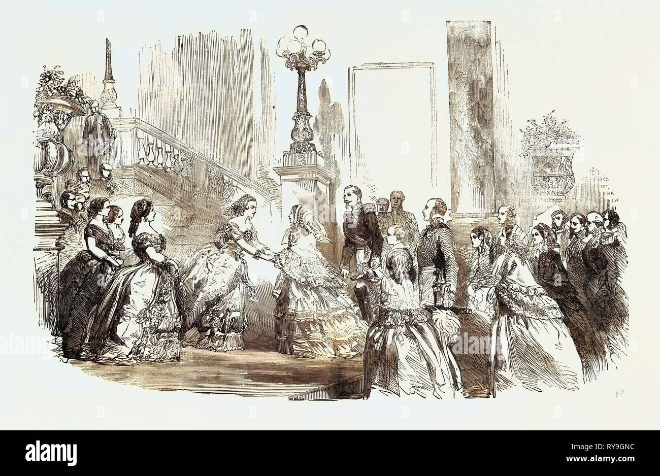 Regina della visita a Parigi: ricezione di Sua Maestà ai piedi della scalinata, Palazzo di St. Cloud Foto Stock