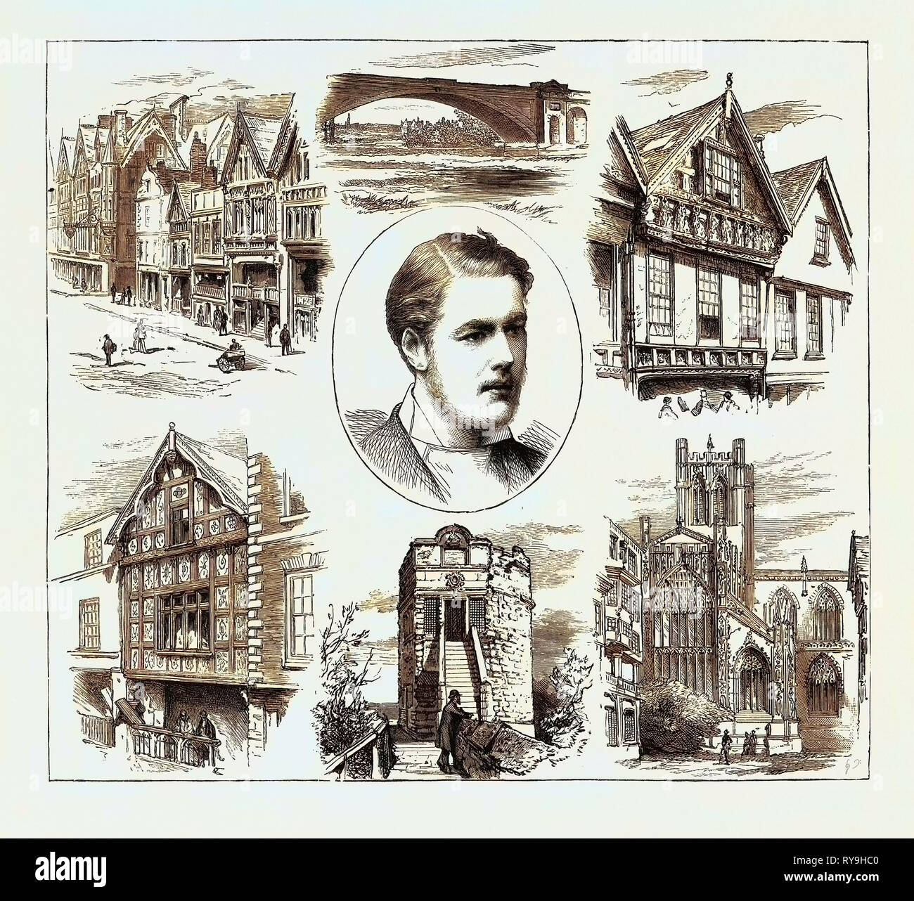 La Venuta di età di Earl Grosvenor, viste in Chester: Eastgate Street, Grosvenor Bridge, Vescovo Lloyd's House, la provvidenza di Dio House, Victor Alexander, Earl Grosvenor, Chester Cathedral, King Charles' o torre di Phoenix Foto Stock