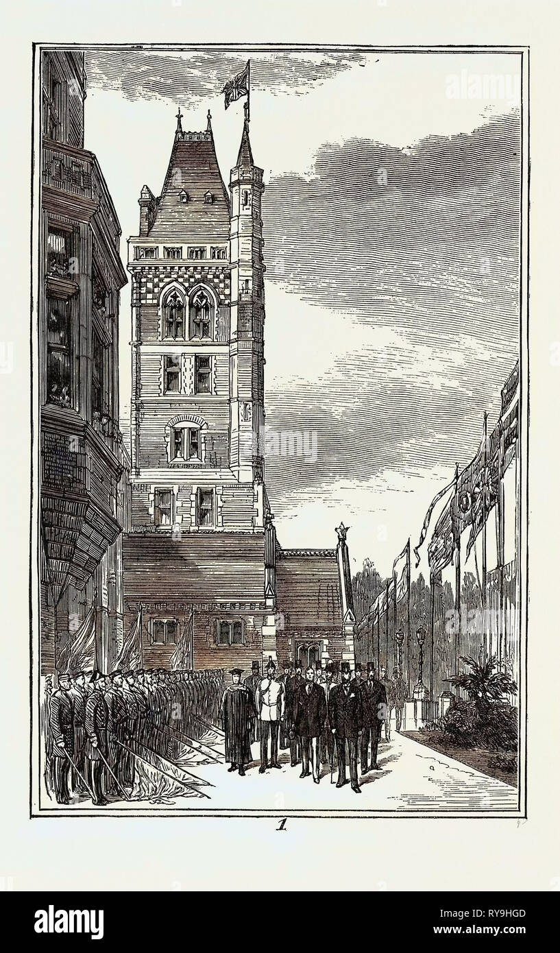 Apertura del del marinaio Orfanotrofio, Liverpool, da S.A.R. Il Duca di Edimburgo: 1. Il corteo reale passando il fronte dell orfanotrofio, Ottobre 10, 1874 Foto Stock