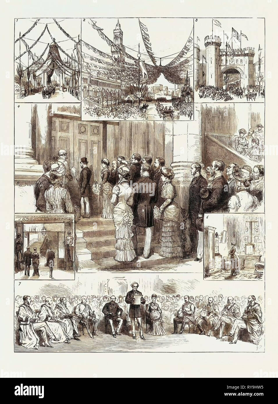Il principe e la Principessa di Galles a Bradford: 1. L'Arco Trionfale di Market Street, 2. Il Municipio, 3. L'Arco Normanno, grande Horton Road, 4. Il Principe di Galles aprendo la porta della nuova scuola tecnica, 5. La scala in scuole tecniche, 6. La Principessa di Galles della camera di ritirarvi nelle scuole tecniche, 7. La lettura del discorso in Aula Magna Foto Stock