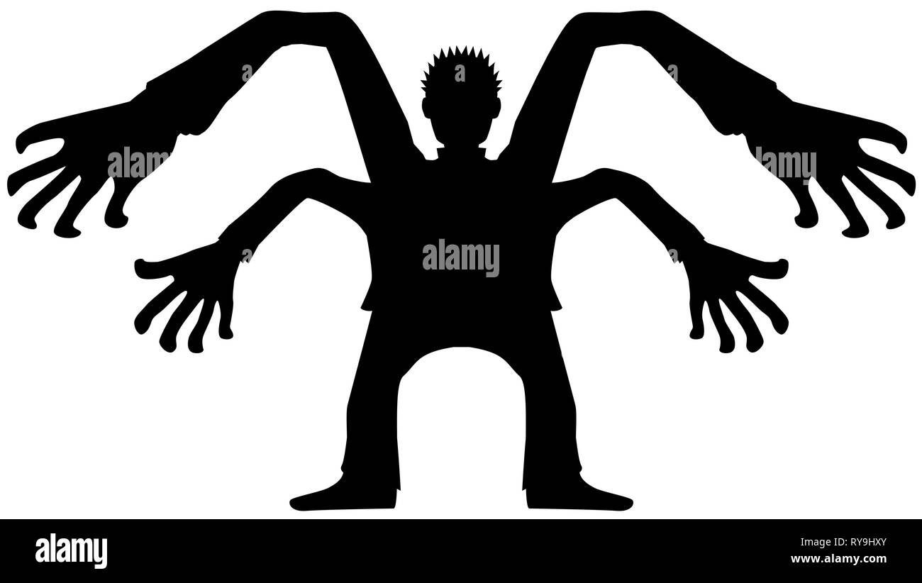 Uomo con quattro bracci figura stencil nero, illustrazione vettoriale, orizzontale su bianco, isolato Illustrazione Vettoriale