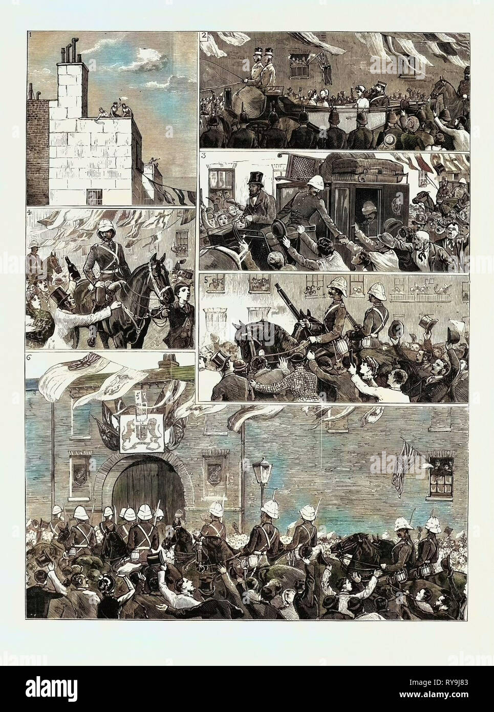 Il ritorno di truppe provenienti da Egitto, scene nelle strade durante il mese di marzo della Royal Horse Guards (blu) dal Dock per l'Albany Street caserma: 1. Maria sulla casa Tops, 2. Il Nord Middlesex Fucili a ricevere il Principe di Galles alla caserma, 3. 'Avant corrieri' con gli ufficiali' Bagagli, 4. "Birra", 5. La protezione avanzata, 6. Immettendo la baracca Gates Foto Stock