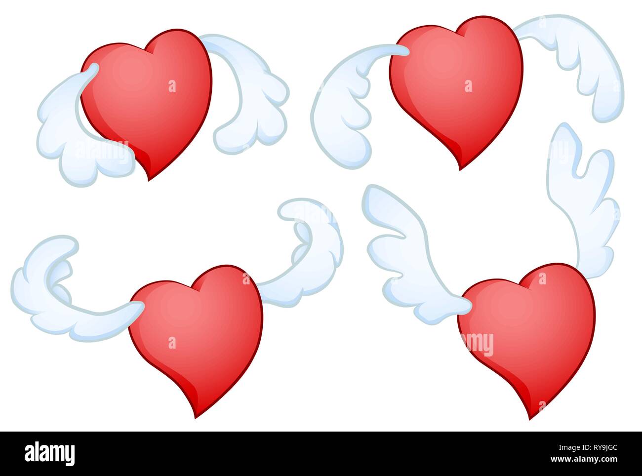 Cuore battenti Valentino colore fumetto illustrazione vettoriale elemento di design il movimento dell'ala pone, orizzontale su bianco, isolato Illustrazione Vettoriale