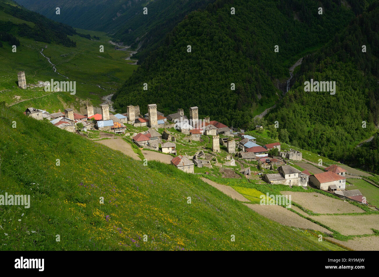 Villaggio di montagna. Paesaggio estivo. Adishi, Zemo Svaneti, Georgia, nel Caucaso. Foto Stock