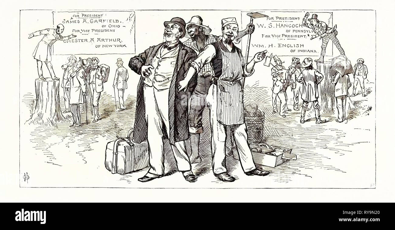 Il paese è sicuro. Il repubblicano oratori: se il partito democratico vince la Presidenza, il paese è perso. Oratori democratica: il paese andrà in rovina a capofitto se i repubblicani portano l'elezione. Noi, incisione 1880 1881 Foto Stock
