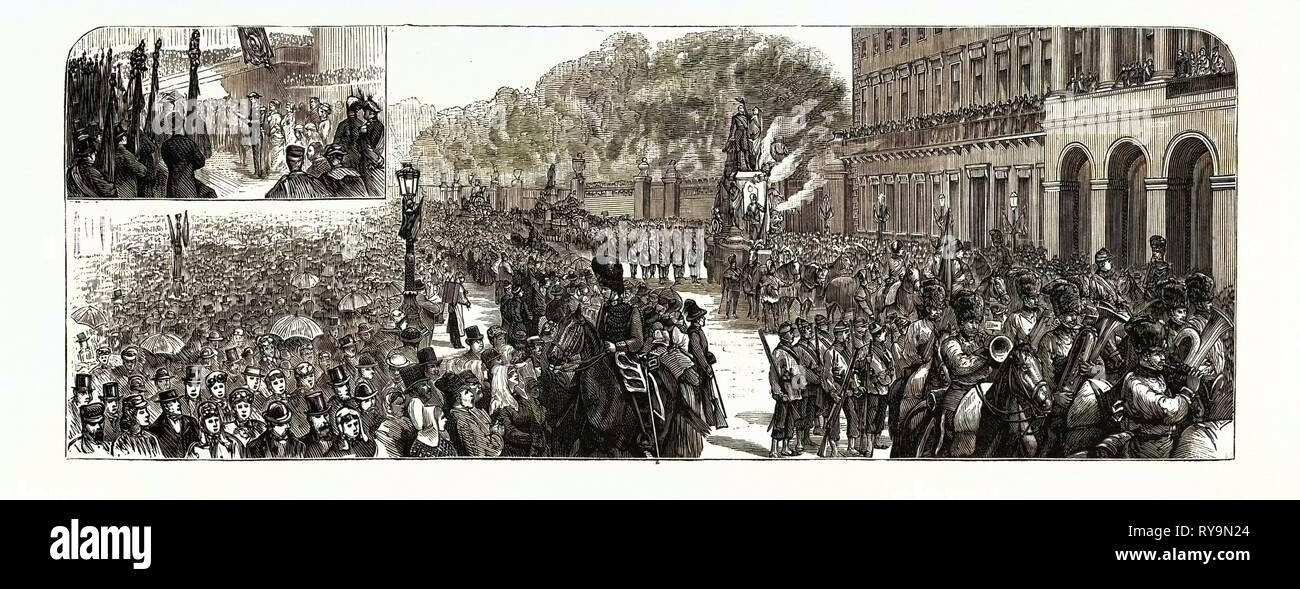 Belgio: il Giubileo di indipendenza, Re Leopoldo risponde agli indirizzi e rivedendo la cavalcata storica, Bruxelles, incisione 1880 1881 Foto Stock