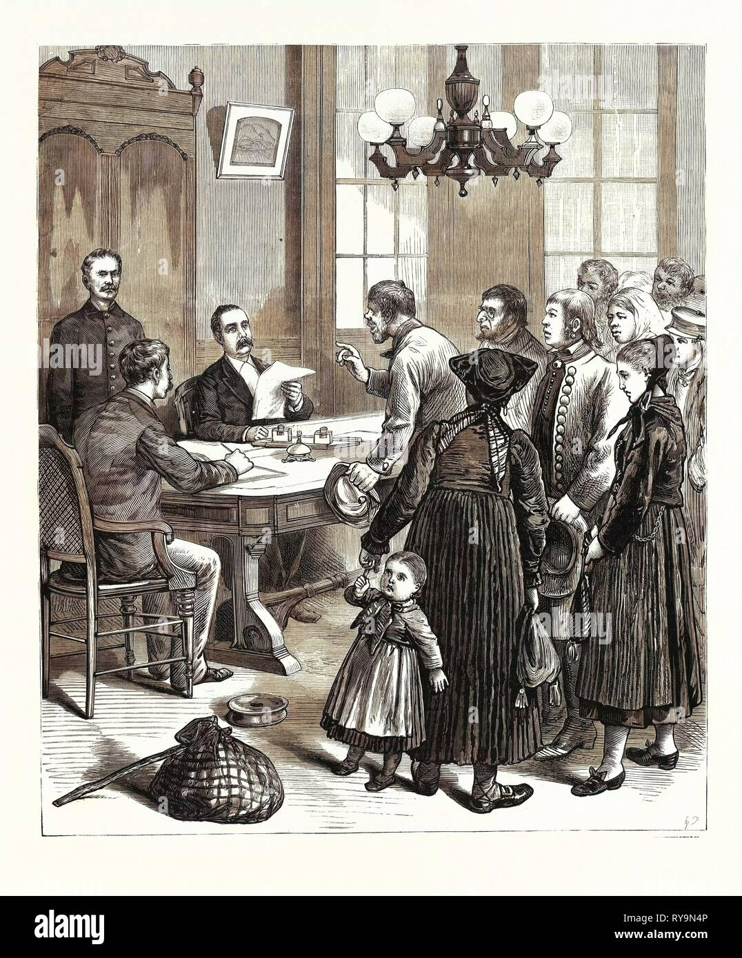 New York: il grande lavoro di stato Commissari di emigrazione, sovrintendente Jackson ascoltare le lamentele degli emigranti nel suo ufficio, il giardino del castello. Stati Uniti, incisione 1880 1881 Foto Stock