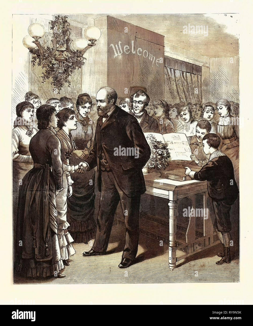 Ohio: Compleanno Reception, dagli studenti del Lago Erie Seminario di Painesville, President-Elect Garfield, U.S., incisione 1880 1881 Foto Stock