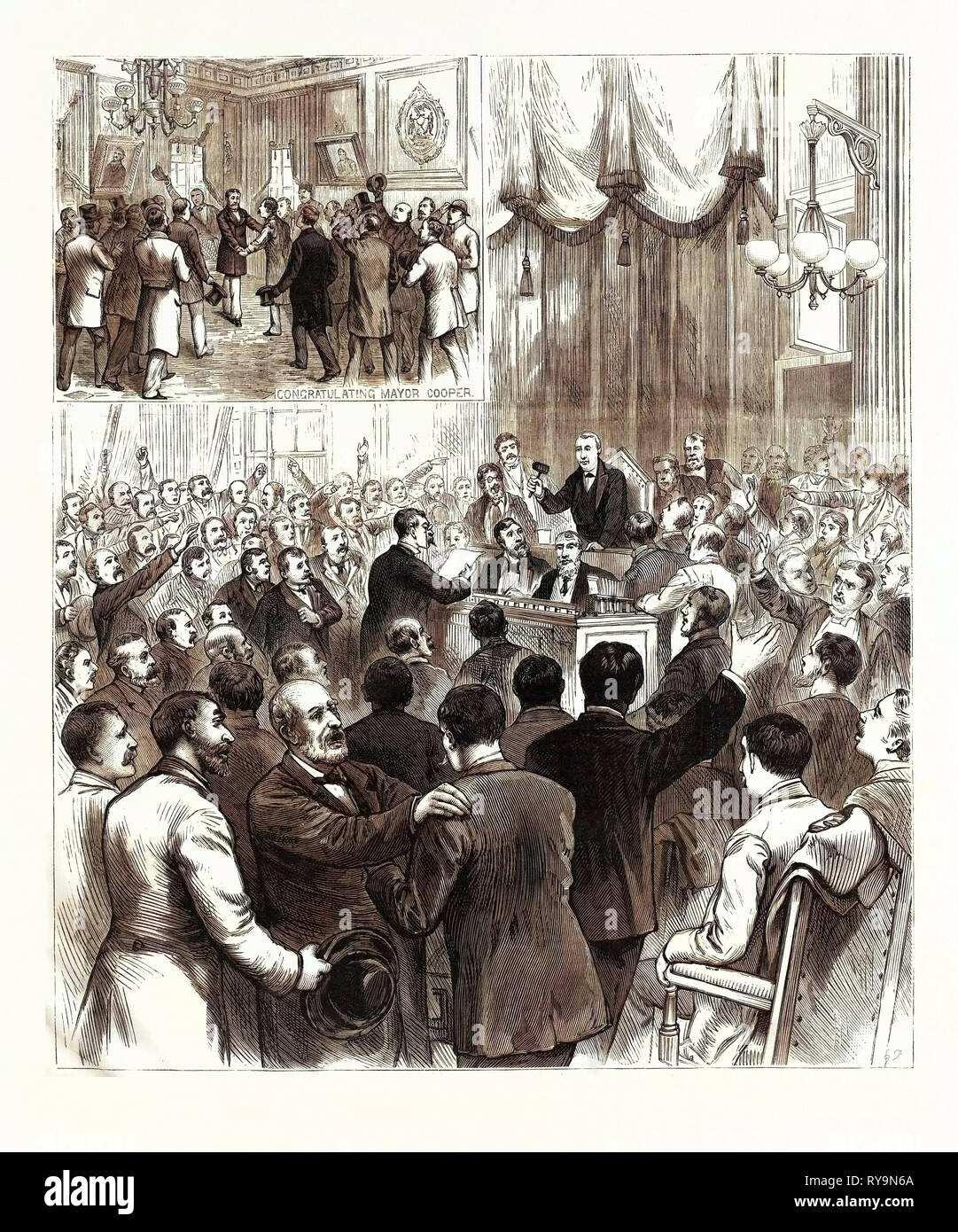 La rivoluzione politica in New York: Scena nella camera Aldermanic sulla conferma del sindaco di Cooper candidature, U.S., incisione 1880 1881 Foto Stock