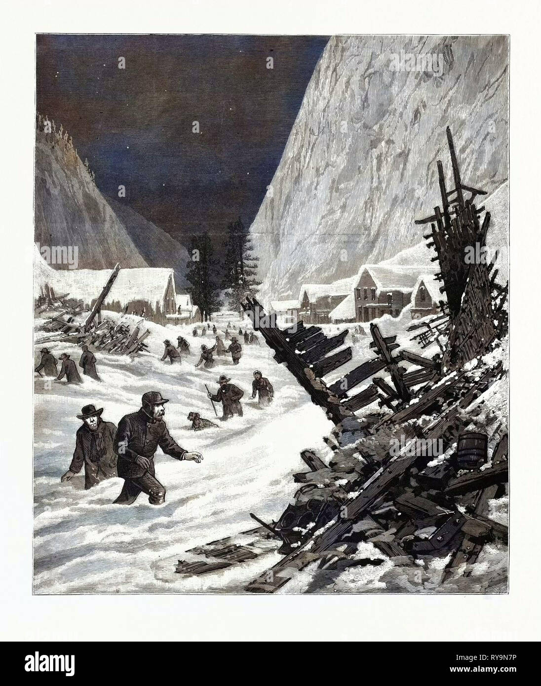 Utah: La recente neve scorrono nelle montagne Wahsatch, effetti della valanga nella città di Alta. U.S., incisione 1880 1881 Foto Stock