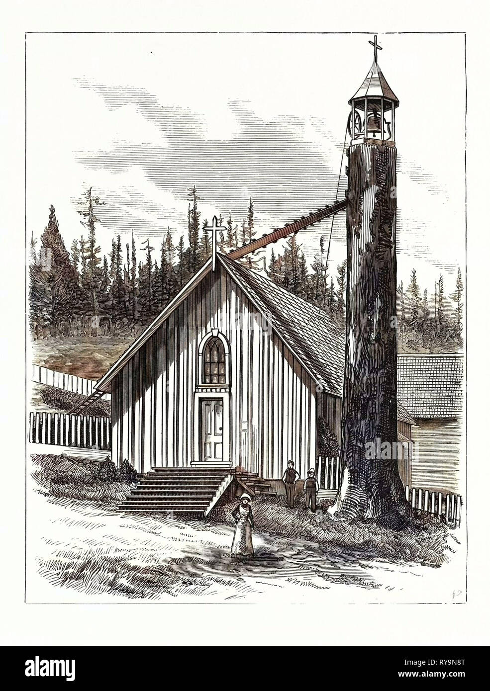 Il territorio di Washington: la Chiesa Episcopale e campanile a Tacoma. Stati Uniti, incisione 1880 1881 Foto Stock