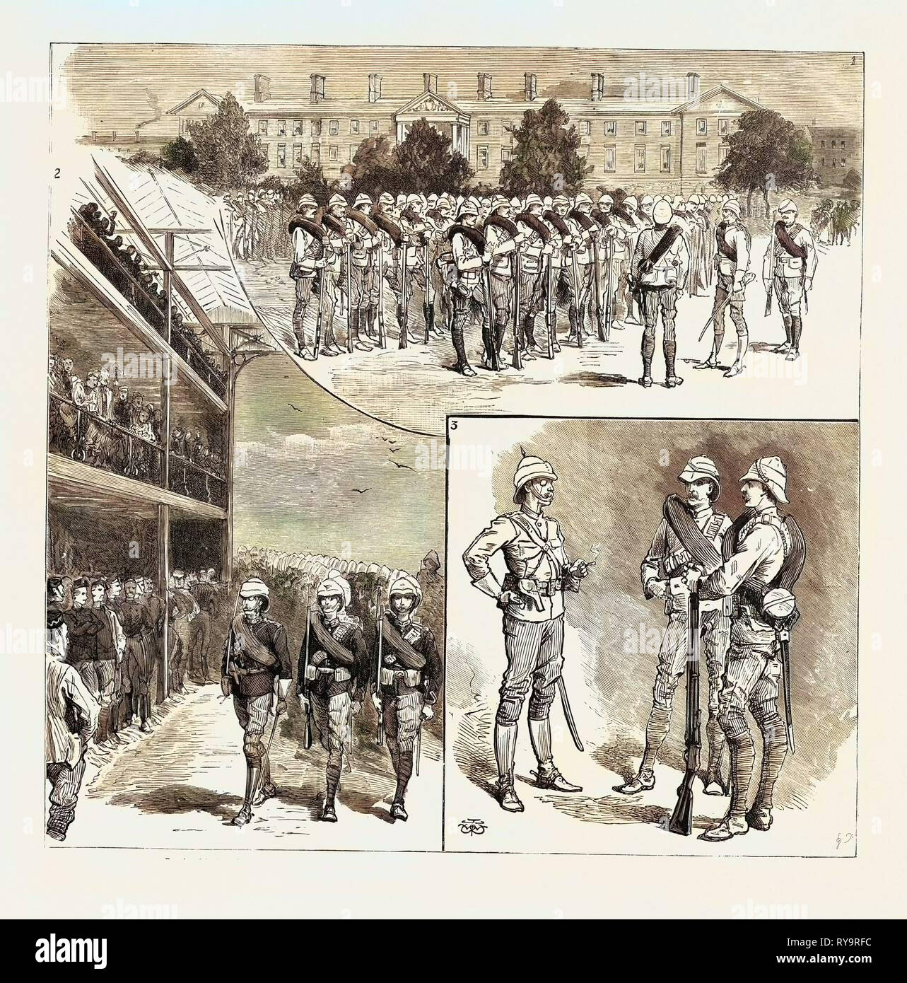 Il Camel Corps per la spedizione del Nilo, parata del distacco. 2. Arrivo del Royal Horse Guards distacco a Aldershot da Windsor. 3. La speciale uniforme degli ufficiali e privati il Camel Corps ad Aldershot, Regno Unito, incisione 1884 Foto Stock