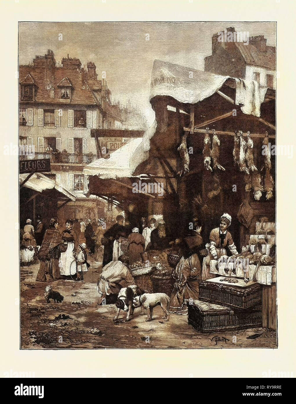 Il vecchio gioco e mercato del pollame a Parigi, Rance, incisione 1882 Foto Stock