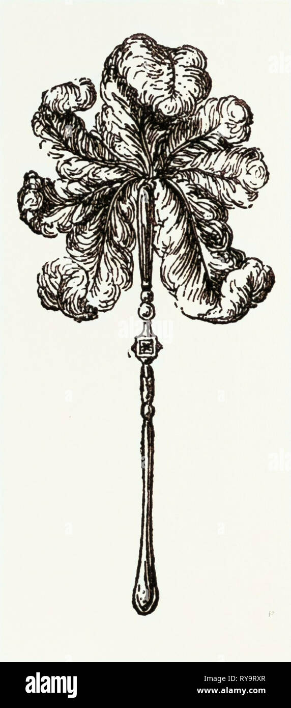 La disposizione della ventola, moda, incisione 1882 Foto Stock