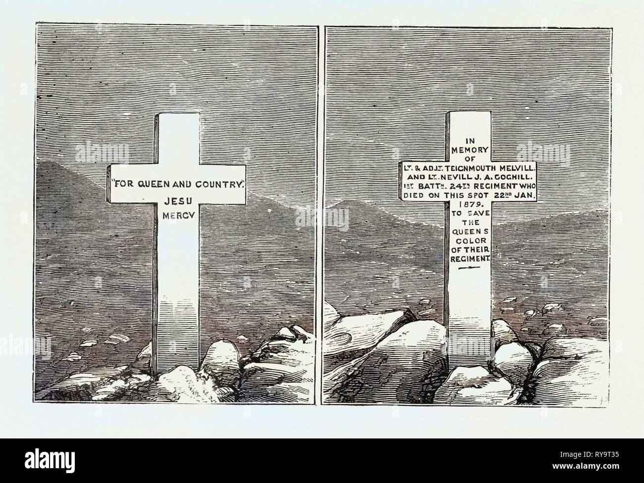 Lapide presso le tombe dei Luogotenenti Melvill e Coghill, la guerra Zulu, incisione 1879 Foto Stock