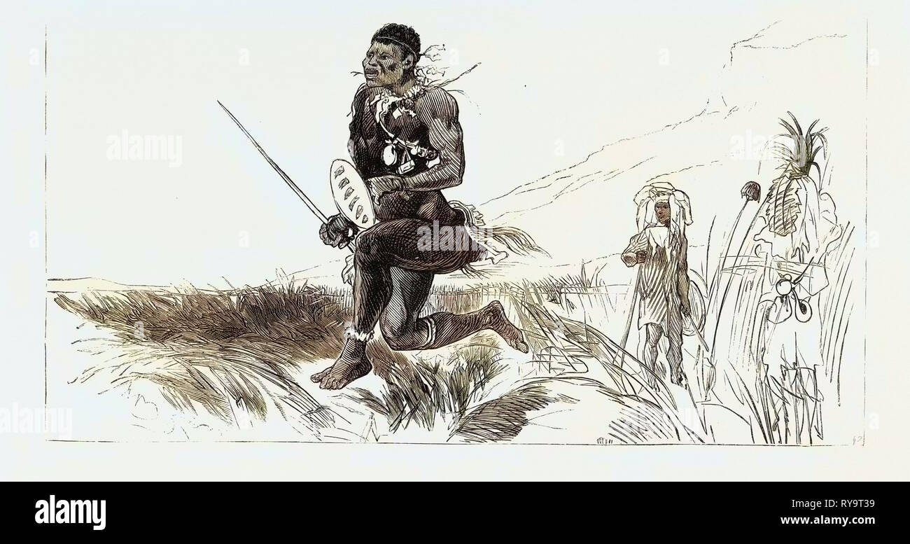 Swazi Kaffir bianco capitano del Battaglione nativo lasciando Col. Legno Encampment su un Scouting Expedition, la guerra Zulu, incisione 1879 Foto Stock