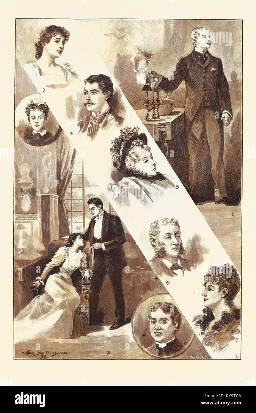 Robin Goodfellow, il nuovo giocare al Garrick Theatre: 1. Valentino Barbrook (Sig. Giovanni lepre): 'Ci e vi sarà quindi silenzioso." 2. Grazia Barbrook (Miss K. Rorke) e Hugh Rokeby (Sig. J. Forbes Robertson): " desidero mantenere questo nastro che si sono logorate?" 3. Costanza Barbrook (Miss Norreys). 4. Stanley Trevenen (Sig. Sydney Brough). 5. La sig.ra Barbrook, la Nonna (Sig.ra Edmund Phelps). 6. Il dottor Milner (Sig. Gilbert lepre). 7. La sig.ra Bute Curzon (Miss Compton). 8. Il Rev. Borthwick Soundy (Sig. D. Robertson). 9. Emma, la Parlor-Maid, Miss Helen Fortuna Foto Stock