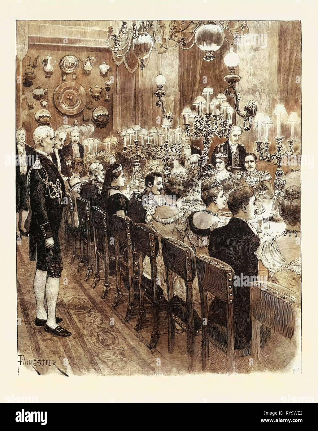 Il matrimonio reale a Berlino, Germania: banchetto presso il Royal Palace, il Principe Federico Carlo di Assia e la Principessa Margherita di Prussia, 1893, 1893 l'incisione Foto Stock
