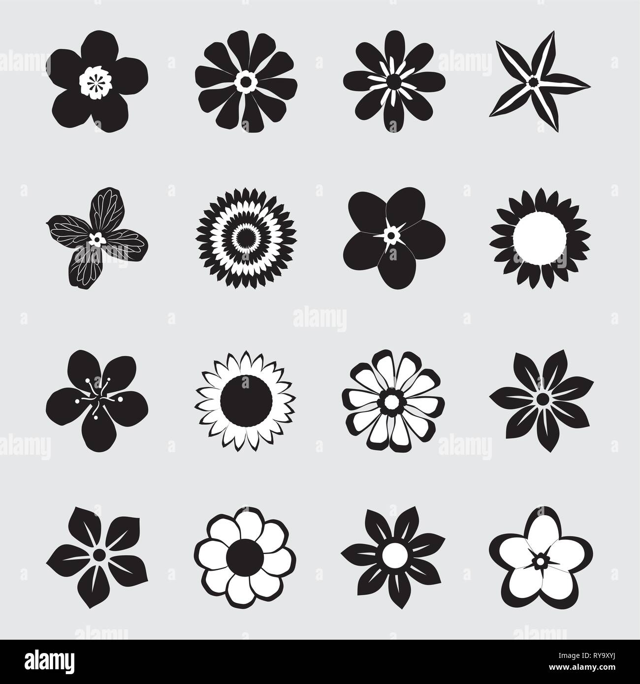 Una raccolta di fiori in grafica in bianco e nero Illustrazione Vettoriale