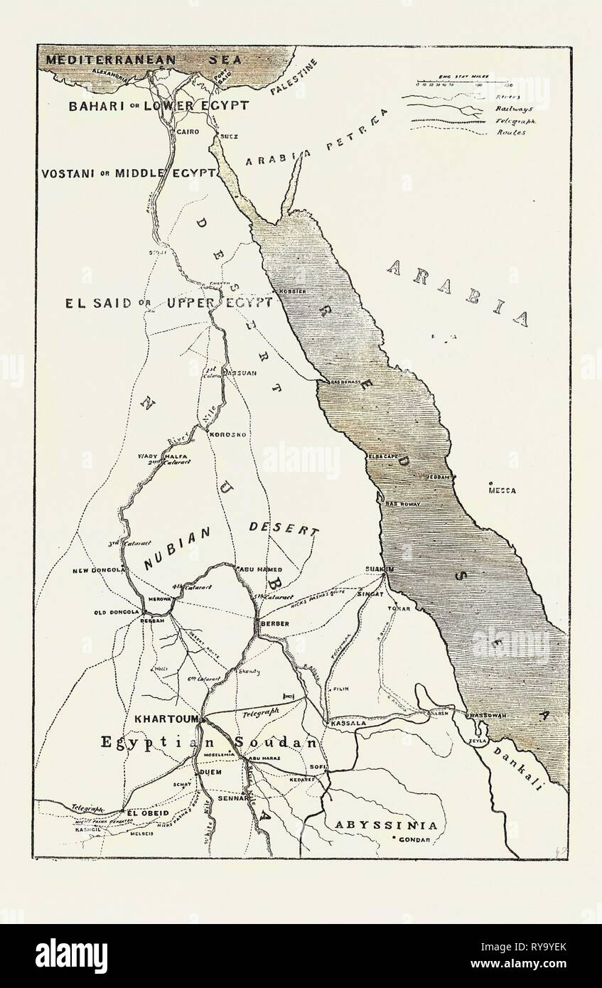 La ribellione in Soudan (Sudan): mappa che mostra l'Alto Egitto e la sede della rivolta i percorsi attraverso il deserto a Khartoum e la città dove guarnigioni egiziane sono colpiti Foto Stock