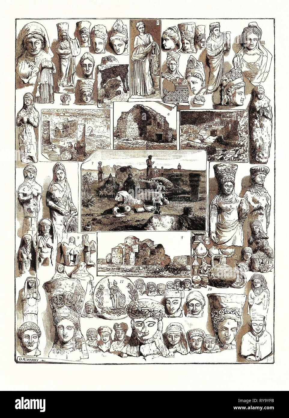 Antichità cipriote scoperto presso il Tempio di Artemide ad Achna e a Salamina: 1. Questa illustrazione e i busti e figure confinanti con la pagina mostrano diversi tipi di dea Artemide dal tempio di Achna. 2. Parte del mosaico di foto nell'esedra o sala di ricreazione di un bagno greco-romano scoperto a Salamina. 3. Pavimento in mosaico dell'esedra. 4. L'esedra. 5. Vista generale del bagno. 6. Cappella di San Barnaba in prossimità di salumi. 7. Vista degli scavi di salumi. 8. Esterno della Chiesa e del convento di San Barnaba. 9. Profumo di pietra le navi che rappresentano Hécate Trimorphos trovato Foto Stock