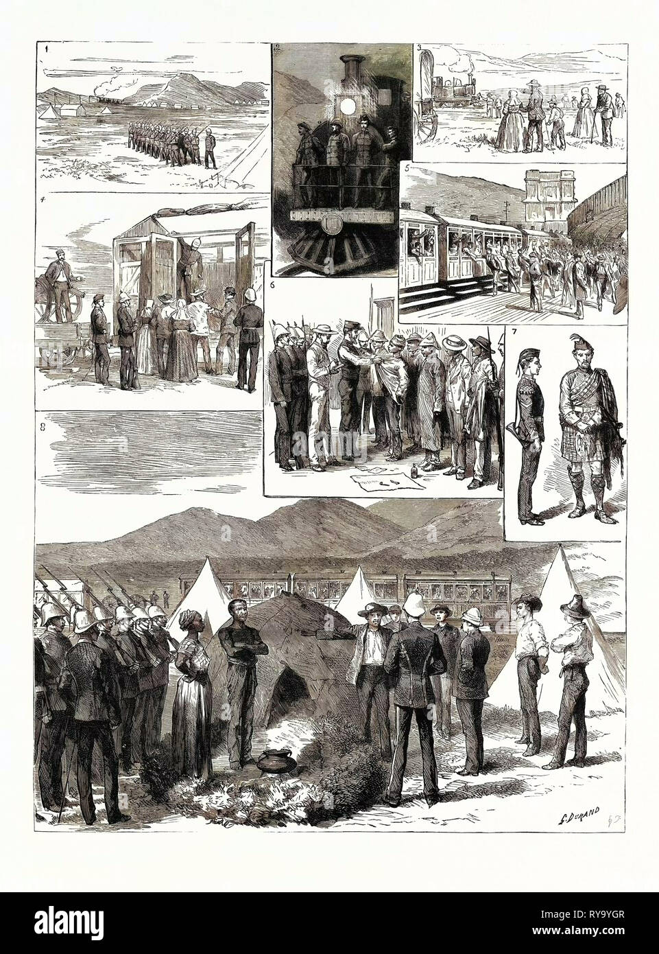 Il De Aar Expedition Sud Africa: 1. Il De Aar estensione ferroviaria. 2. Scendendo Hex River Mountain sul motore in una notte di luna. 3. Una famiglia di Boer la prima vista del Puffing Billy. 4. Lasciando De Aar Rimozione Ring-Leaders ad un carrello di bestiame. 5. Volontari Off per la parte anteriore. 6. Ricerca di prigionieri di Beaufort West carcere. 7. La parte musicale della spedizione. 8. Arrestare Zulu sulla linea Foto Stock