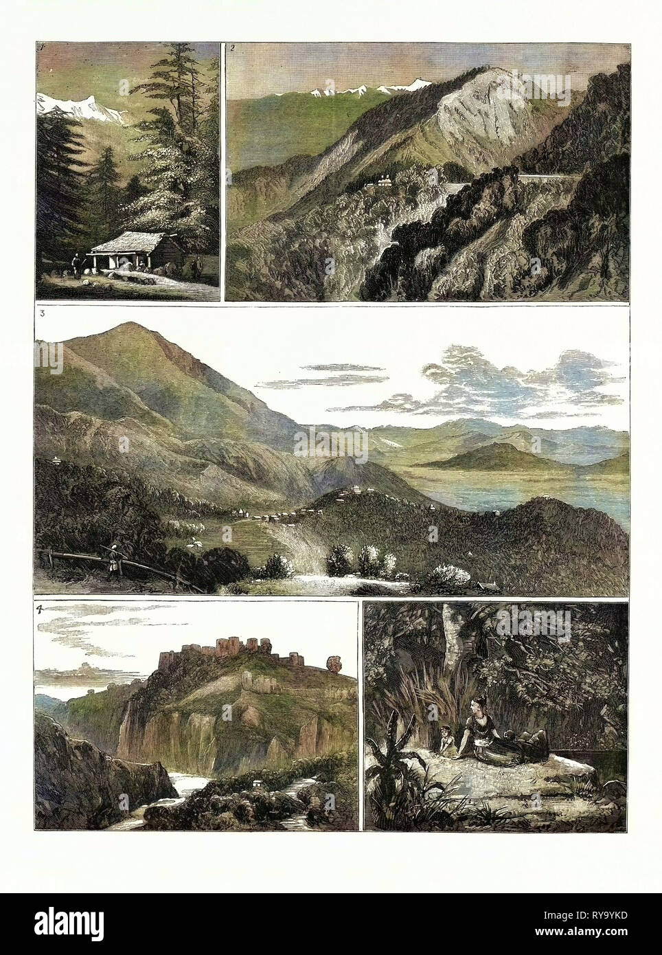 Sulla strada per un Indiano Hill Station: 1. A Menali in Kulu Valley. 2. Vista dalla stazione della collina di Dalhousie. 3. Stazione della collina di Dhurmsala nella valle di Kangra. 4. Fort Kangra. 5. Un Kulu Donna Foto Stock