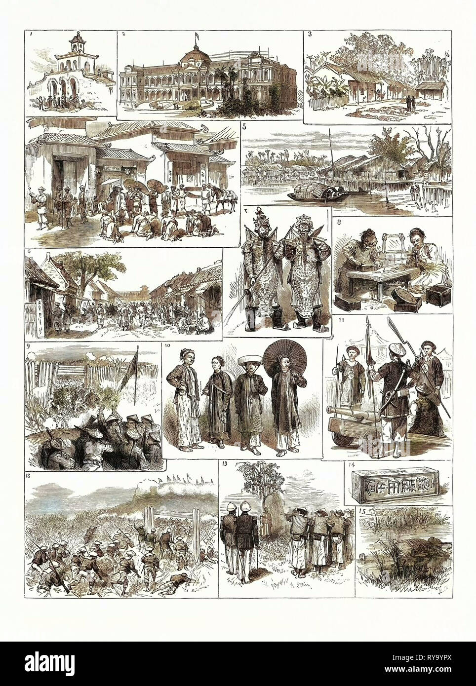 Il francese in Tonchino (Vietnam): 1. Rivista nella cittadella di Hanoi. 2. Palazzo del Governatore a Saigon. 3. Case di Missione a Bo-Liéou. 4. Una strada di Hanoi. 5. Un traghetto nei pressi di tonalità. 6. Street nel quartiere degli affari di Hue. 7. Costumi di scena presso il Teatro di Hue: Warriors. 8. Tonkinese operai intarsi in madreperla. 9 e 12. Fusiliers marino sotto l'Ammiraglio Courbet Storming l approccio al quartiere cinese a Sontay. 10. Nativi del Tonchino. 11. Annamita di soldati a Hué. 13. Un file di ausiliari Cochin-Chinese sparare un Annamita Mandarino. 14. Un bar di argento trovati nella Cittadella Sontay. 15. Morti Foto Stock