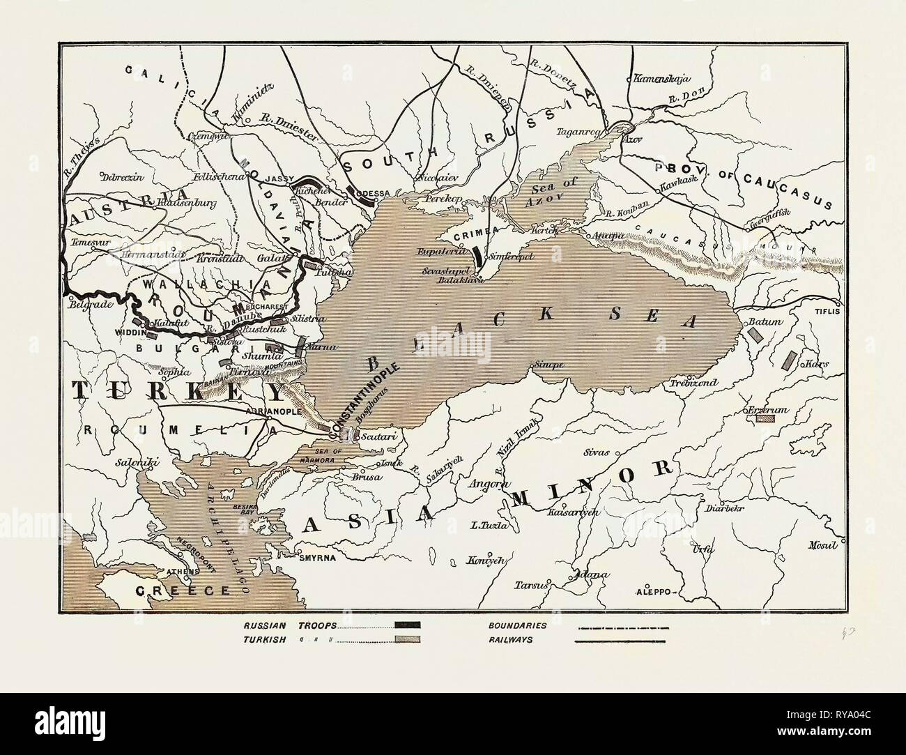 La guerra imminente, Mappa di Turchia e Russia meridionale, che mostra le posizioni relative del russo e turco ed eserciti, 1877 Foto Stock