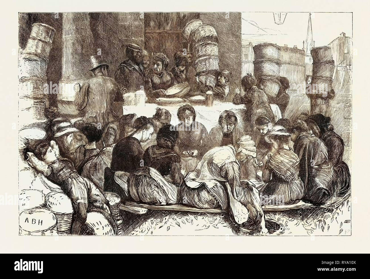 La mattina presto nel mercato di Covent Garden, piselli da sgranare, London, 1870 Foto Stock