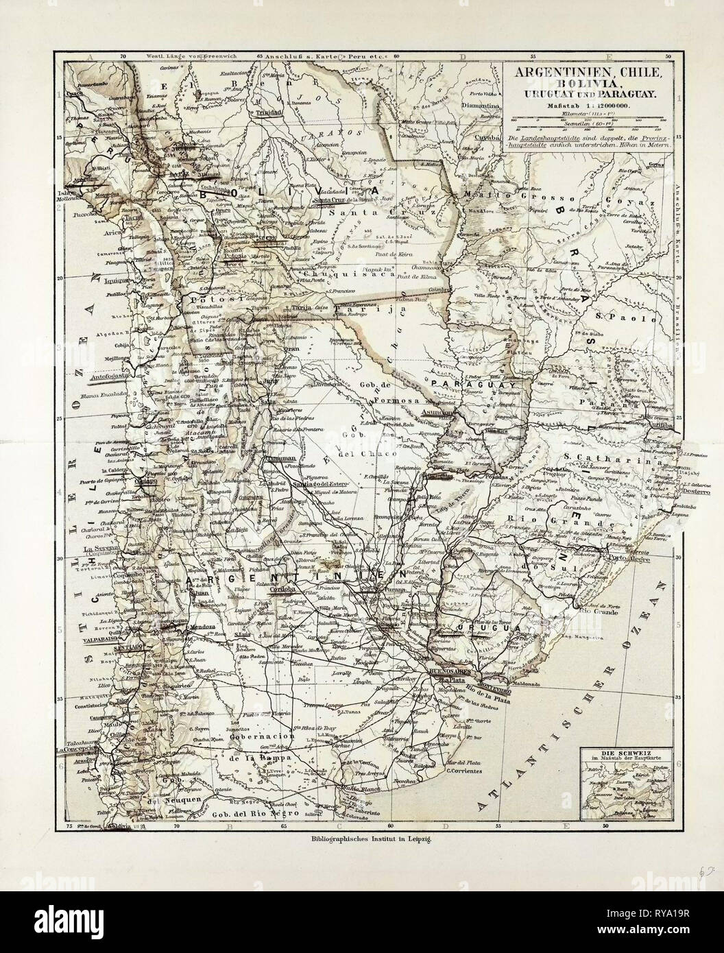 Mappa di Argentinia Cile Bolivia Uruguay e Paraguay 1899 Foto Stock