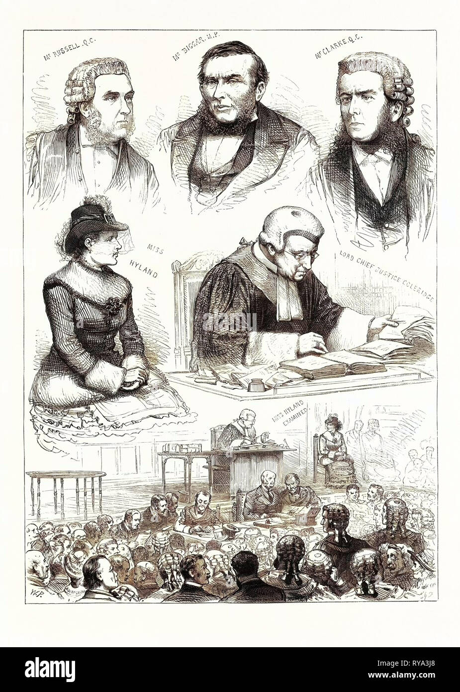 Schizzi in Royal Courts of Justice: un interessante prova. 1883. Il sig. Russell, Q.C., il sig. Biggar, P.F., il sig. Clarke, Q.C., Miss Hyland, Signore Chief Justice Coleridge, Miss Hyland esaminati Foto Stock