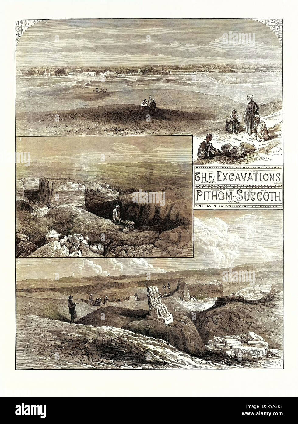 Una città furono sepolti dell'Esodo: 1. Settore degli scavi presso Tel-El-Maskhutah, sul Fresh-Water Canal, Egitto. 2. Una parte degli scavi. 3. Gli scavi del tempio, con gruppo scolpito di Ramses il grande seduto tra due divinità. 1883 Foto Stock