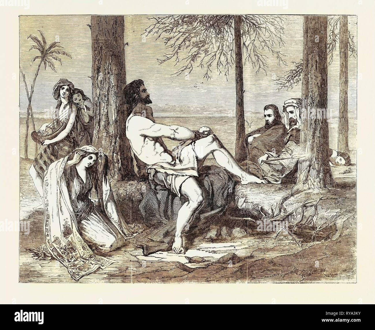 Pittura storica, 'Delilah chiedendo perdono di Sansone." 1851 Foto Stock