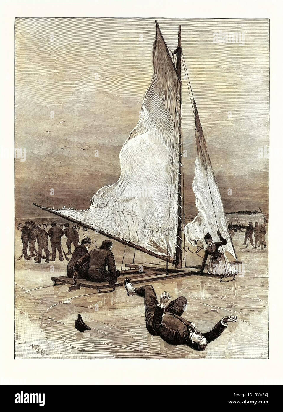 Ice Yachting su Loch Cobbinshaw pronto circa il risultato man over board Foto Stock