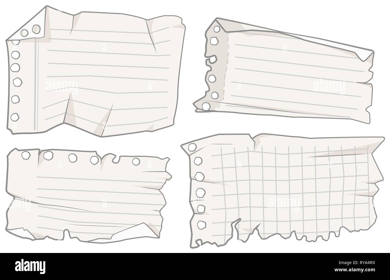 Pezzi di carta nota memo frammenti strappati i quattro set, vettore cartoon illustrazione elemento di design orizzontale, su bianco, isolato Illustrazione Vettoriale