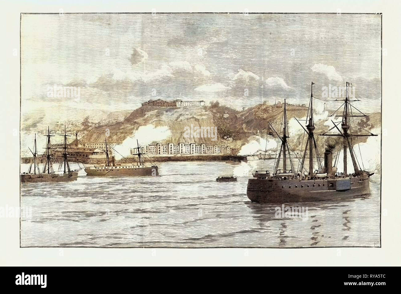 La guerra civile in Cile ostilità a Valparaiso: scambio di colpi tra Shore batterie e Chilian corazzata Blanco Encalada 1891 Foto Stock