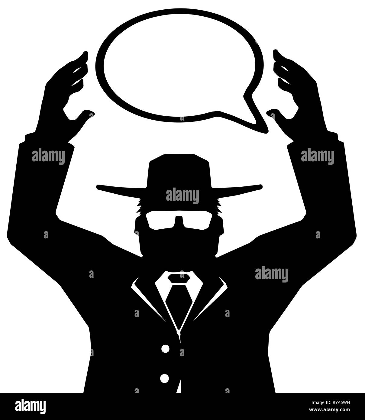 Agent figura stilizzata nera stencil holding discorso bolla, illustrazione vettoriale, verticale, isolato Illustrazione Vettoriale