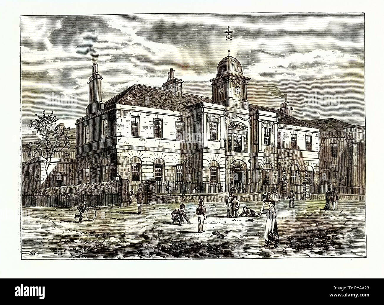 Edimburgo: la High School di Leith costruito nel 1806. Si tratta di uno spazioso e oblunga edificio a due piani di altezza in Grecian stile di architettura sormontata da una guglia o Cupola e orologio e disposta internamente in appartamenti eccellenti per due classi in due classici in inglese uno in matematica uno in scrittura e l'aritmetica Foto Stock