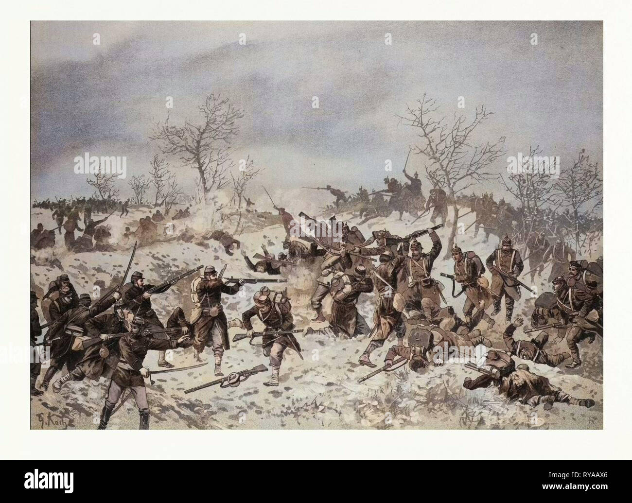 Battaglia prima che le Mans-Champagne il 11 gennaio 1871. La guerra franco-prussiana o guerra franco-tedesca, a cui spesso viene fatto riferimento in Francia come la guerra del 1870. Georg Koch (1857-1936) era un identità di pittore tedesco, xilografia e litografia artista della fine del XIX - inizio del XX secolo. Allievo di suo padre Carl Koch, ha studiato presso l Accademia di Berlino Foto Stock