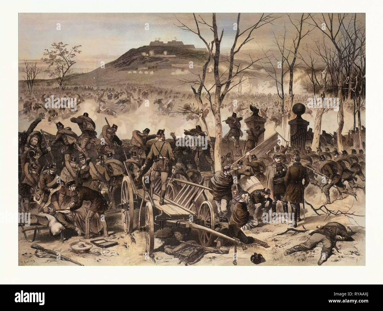 Dalla battaglia di Mont Valerien il 19 gennaio, le prime compagnie del 5° Battaglione di cacciatori Gorlitzer difende La Bergerie. La guerra franco-prussiana o guerra franco-tedesca, a cui spesso viene fatto riferimento in Francia come la guerra del 1870. Amling, Franz, pittore tedesco, 1853 a Treviri, 1894 a Schleissheim di studente di Hasselhorst presso la Städel Istituto a Frankfurt a. M. Nel 1884 si recò a Monaco di Baviera. Dipinge scene di genere e popolare dipinti militari Foto Stock