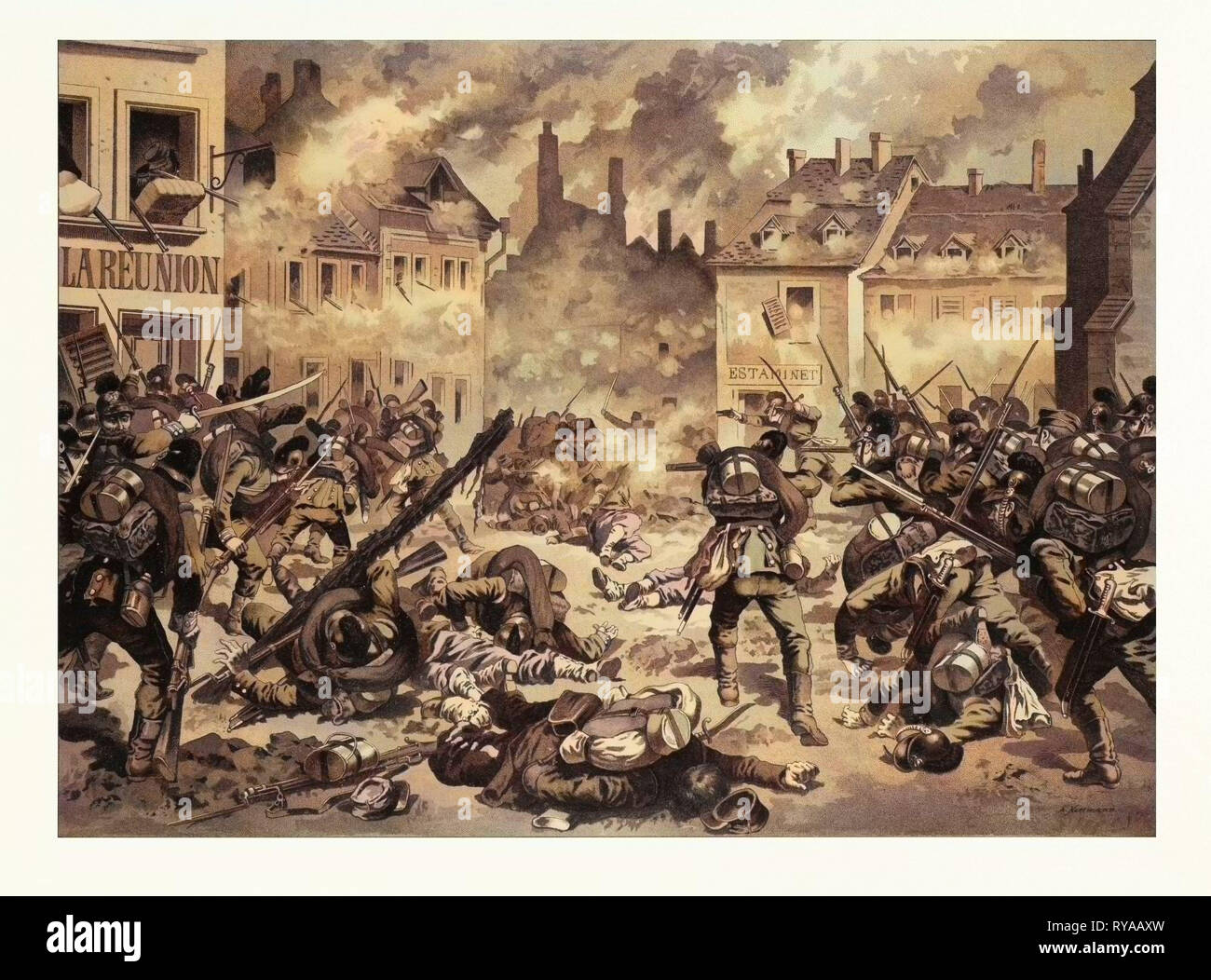 Street Fight in Bazeilles il primo settembre, 1870. La guerra franco-prussiana o guerra franco-tedesca, a cui spesso viene fatto riferimento in Francia come la guerra del 1870. Anton Hoffmann (10. Aprile 1863 a Bayreuth, 1938 di Monaco di Baviera) era un pittore tedesco e Illustrator Foto Stock