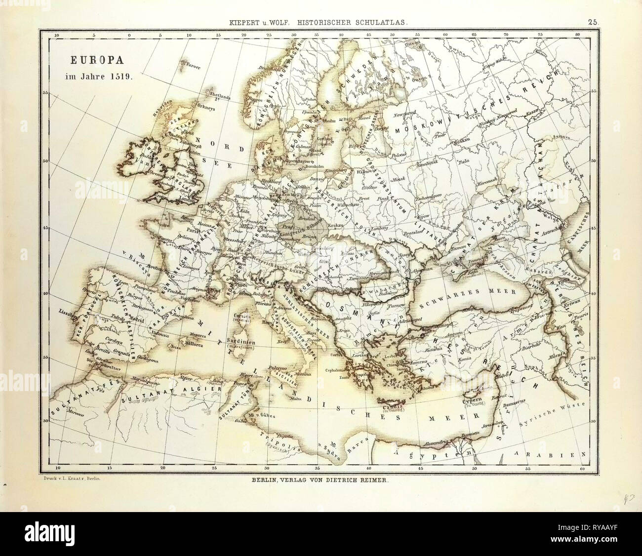 Mappa di Europa nel 1519 Foto Stock