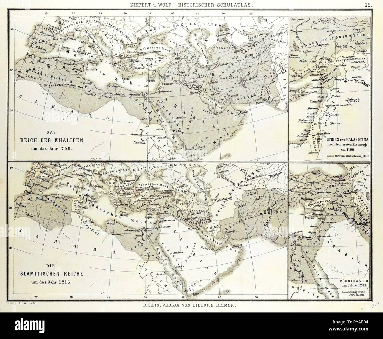 Mappa di Umayyad Caliphate impero in 750 e l impero islamico nel 1215 Foto Stock